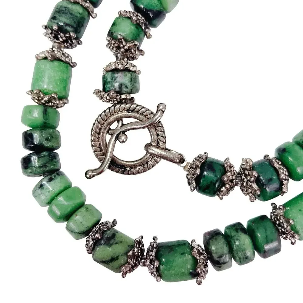 Genuine Ruby in Zoisite Green Gemstone Bead Necklace Silver Tone Artisan Choker